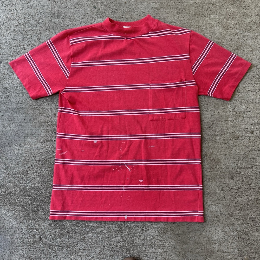 Vintage Chesterfield 70s Red Striped Tee Shirt Paint Splatter Large Made in USA